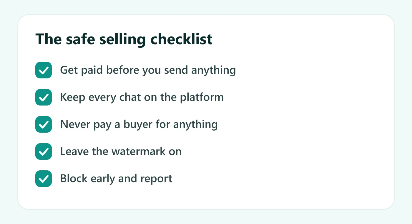 Safe selling checklist: get paid before you send, keep chats on the platform, never pay a buyer, leave the watermark on, block early and report